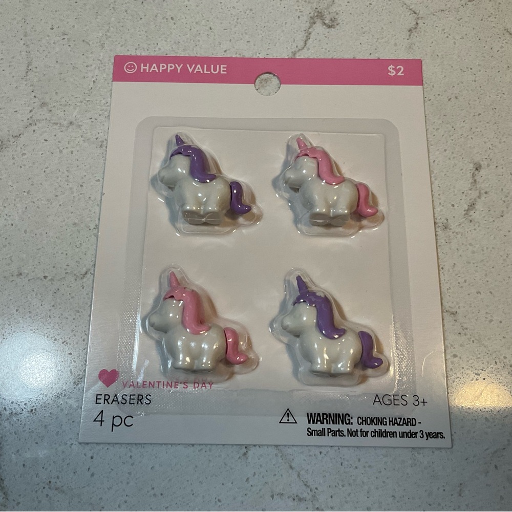 4 Unicorn Erasers White Pink Purple